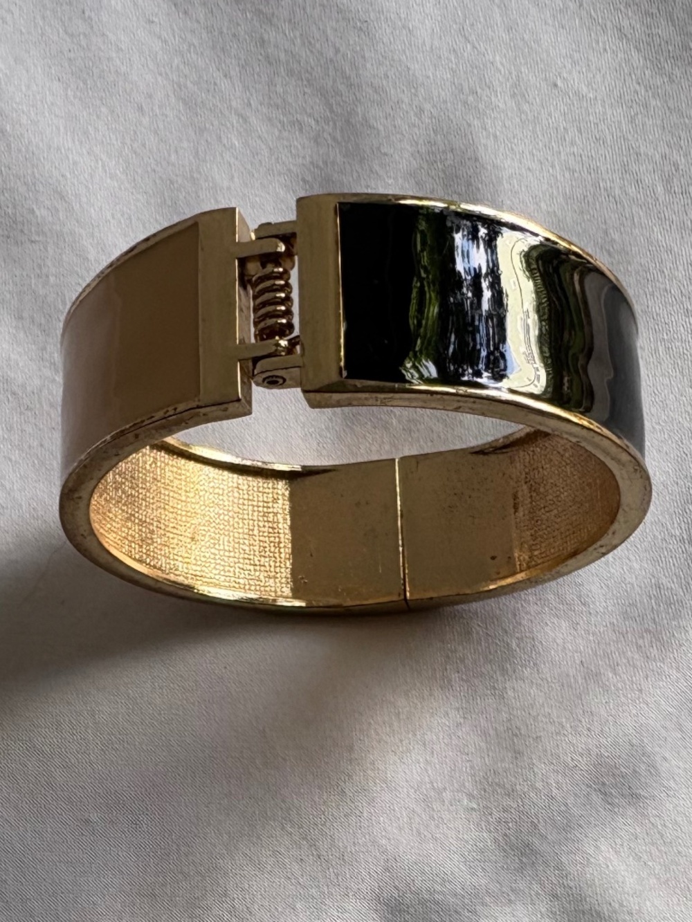 Hinged Clamper Cuff Rose Gold Tone Bangle with Glossy Black & Camel Enamel Inlay